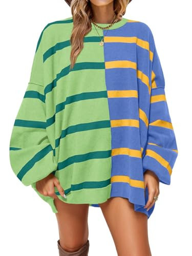 Womens Striped Pullover Sweater Crew Neck Long Sleeve Knitted Color Block Casual Loose Lightweight Sweaters for Women | Amazon (US)