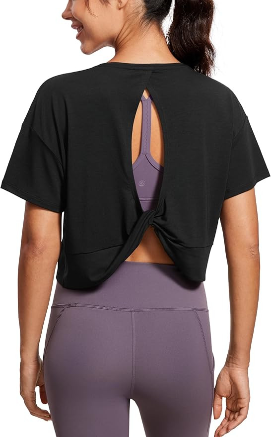CRZ YOGA Open Back Short Sleeve Crop Top for Women Loose Athletic Yoga Workout Shirts Casual Crop... | Amazon (US)
