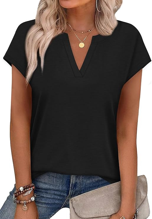 WIHOLL Womens Summer Tops V Neck T Shirts Cap Sleeve Business Casual Outfits Loose Fit Beach Vaca... | Amazon (US)