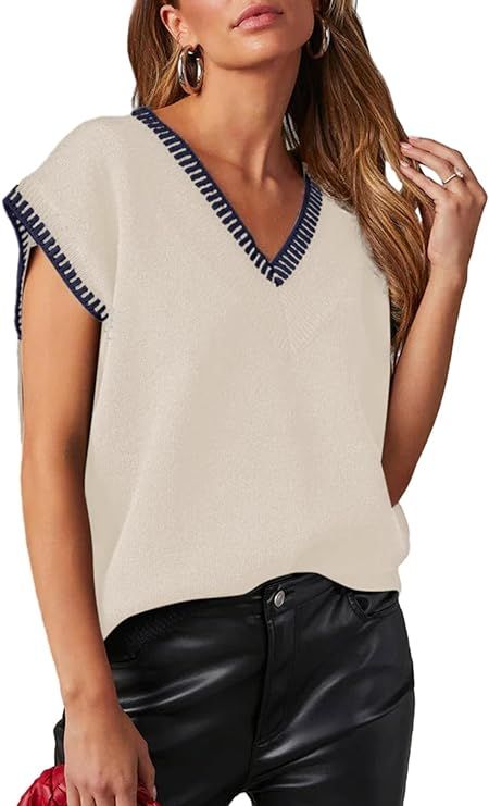 Dokotoo Women's V Neck Sleeveless Sweater Vest Casual Solid Cap Sleeve Knit Pullover Tank Tops 20... | Amazon (US)