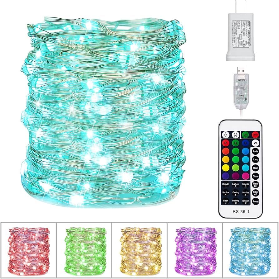 Color Changing Fairy String Lights - 33 ft 100 LED USB Silver Wire Lights with Remote and Timer, ... | Amazon (US)