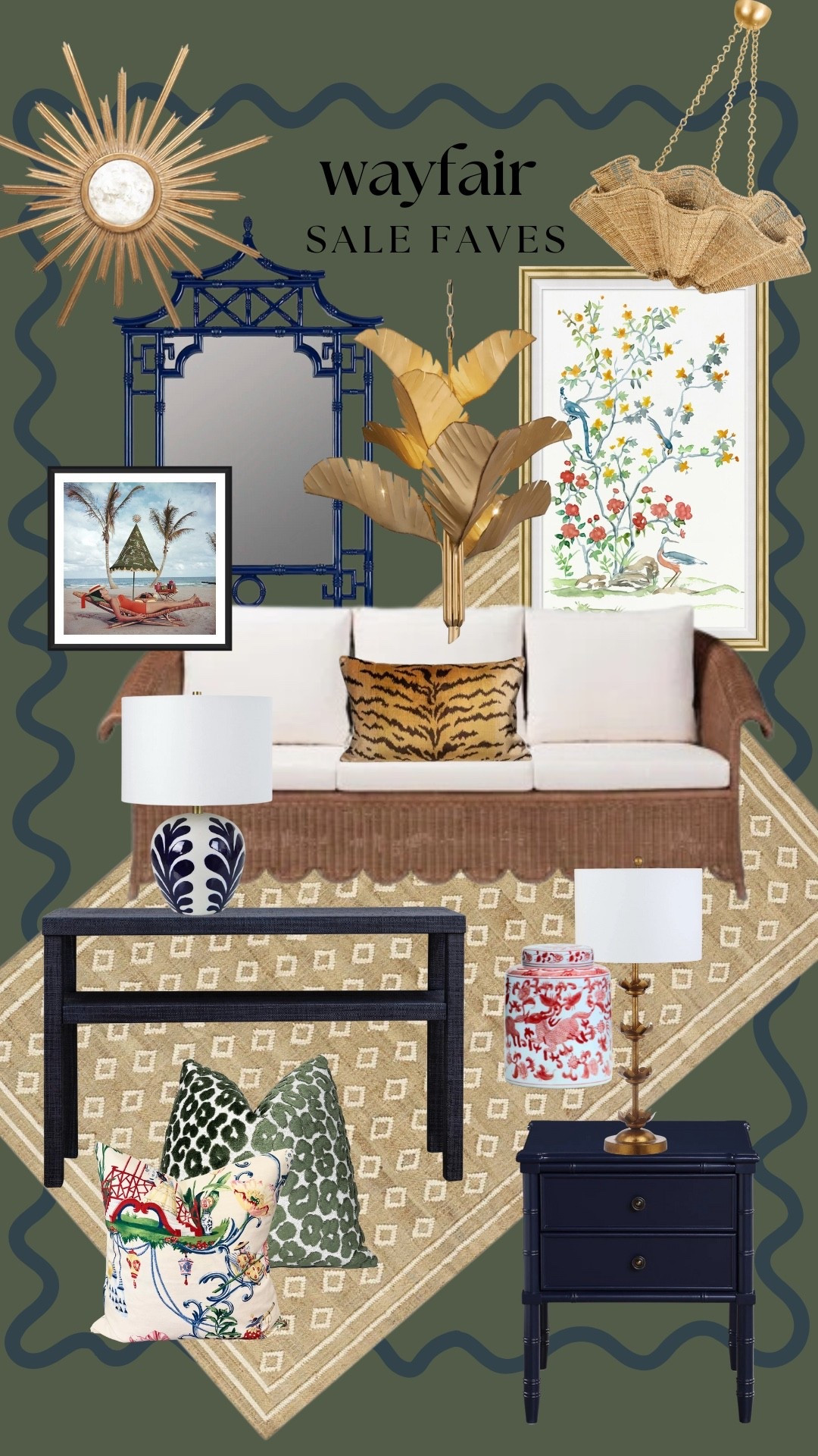 Wayfair sale, Black Friday Sale, scalloped rattan sofa, navy rattan console, jute rug, brass flower lamp, blue and white lamp, chinoiserie pillow, leopard pillow, tiger pillow, chinoiserie art, palm chandelier, blue pagoda mirror, rattan ruffle chandelier, starburst mirror, navy bamboo nightstand 

#LTKSaleAlert #LTKHome #LTKCyberWeek
