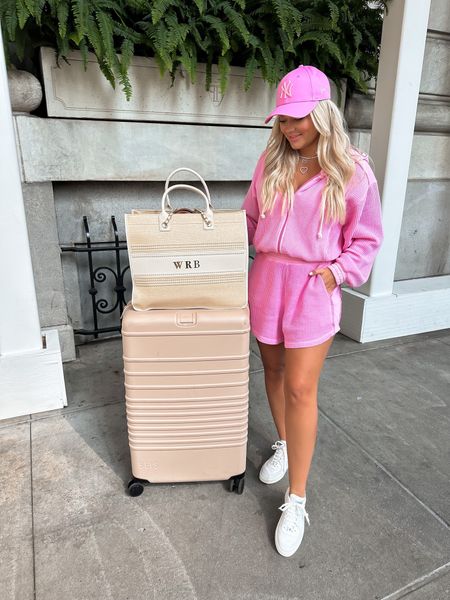 NYC travel day outfit 
Aerie sale 
Wearing size small in everything 
Pink Yankees Hat
Beis Luggage 

#LTKsalealert #LTKunder50 #LTKtravel