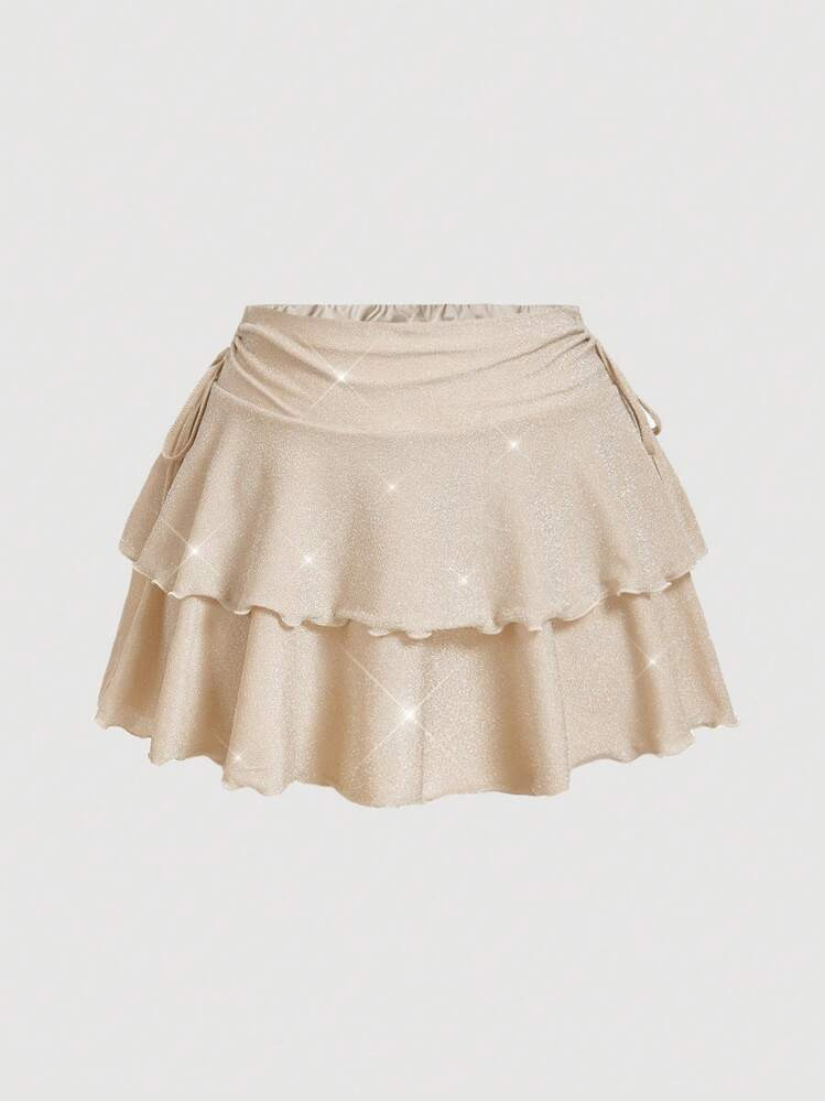 SHEIN MOD Champagne Color Glitter Wave Ruffle Hem Plus Size Women Skirt | SHEIN
