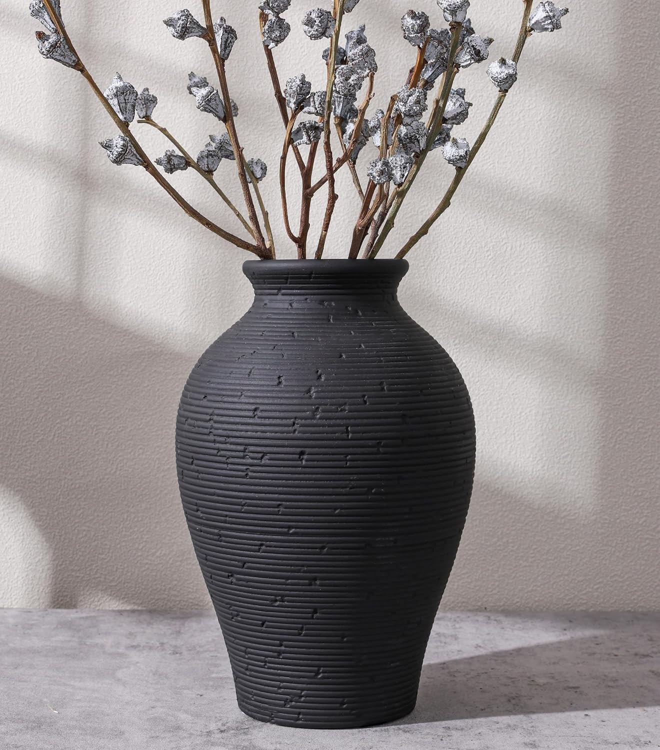 Ceramic Flower Vase Home Decor, 9 in Farmhouse Table Vases Rustic Vintage Living Room Kitchen Bedroom Pottery Decorative Vases for Flowers House Book Shelf Office Coffee Desk Dining Entryway, Black | Amazon (US)