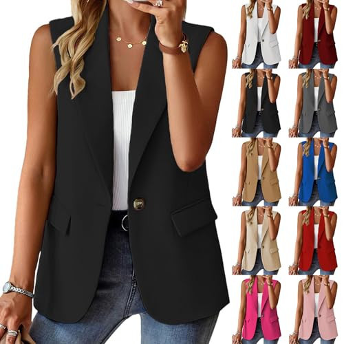 Blazer Vest for Women Business Casual Dressy Jackets Lightweight Sleeveless Vest Tops Lapel Single Button Blazers Black | Amazon (US)