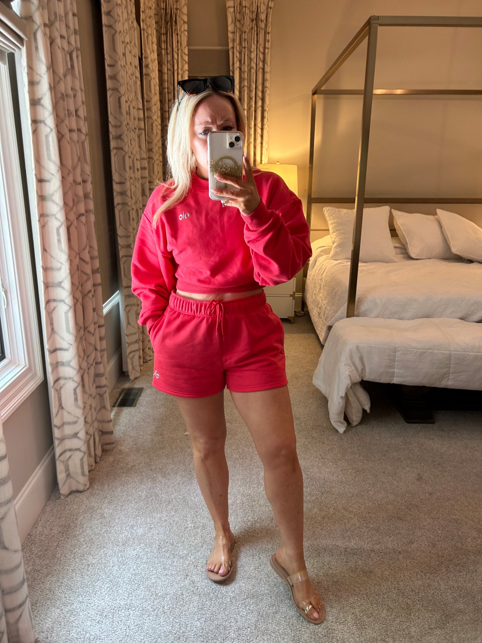 The new candy red color is 🔥. Wearing a small in everything. #aloyoga

#LTKActive #LTKOver40