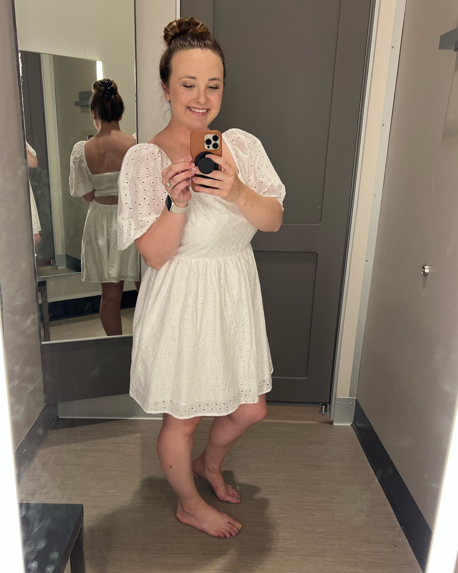 White dress on sale for $28! Wearing a Large here but can definitely fit into a medium comfortably. Love the sleeves and cutout in the back! Perfect for graduation, Easter, spring/summer, brunch, etc  