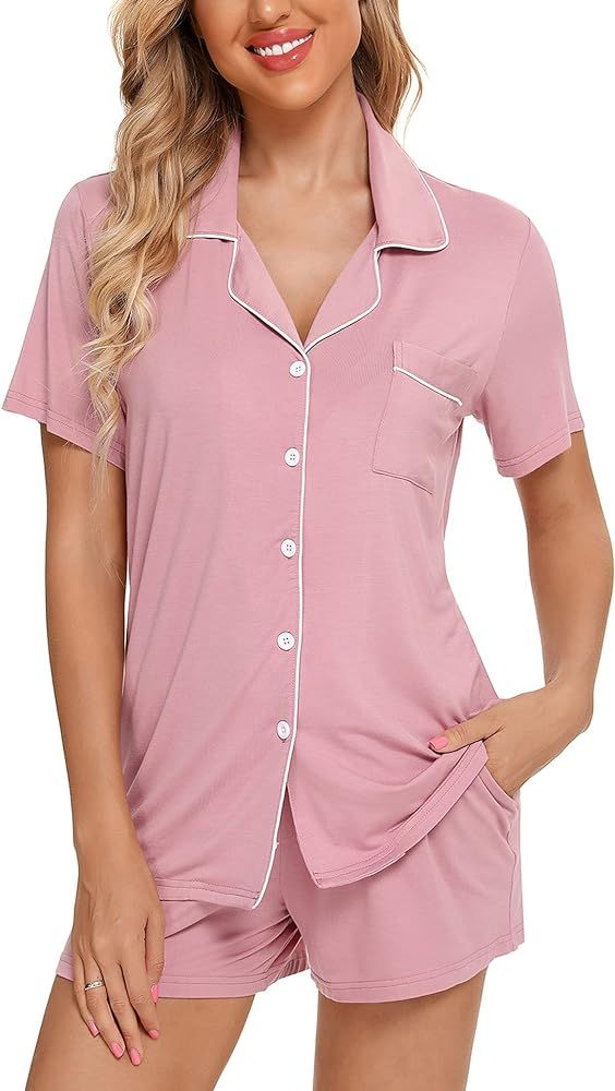 Samring Womens Pajamas Set Short Sleeve Sleepwear Button Down Nightwear Shorts Soft Pj Sets S-XXL | Amazon (US)