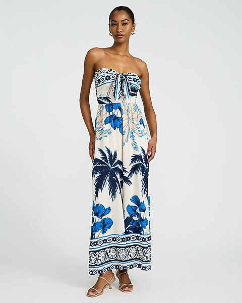 Printed Strapless Tie Front Smocked Back Wide Leg Jumpsuit | Express