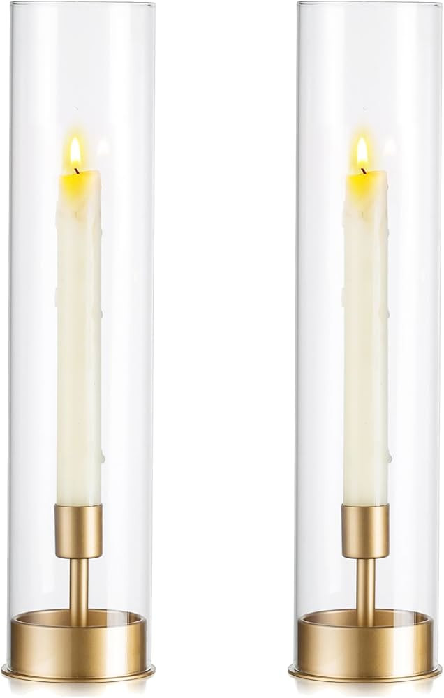 Hewory Hurricane Taper Candle Holders: 2Pcs Gold Candlestick Holders for Table Centerpiece, Glass... | Amazon (US)