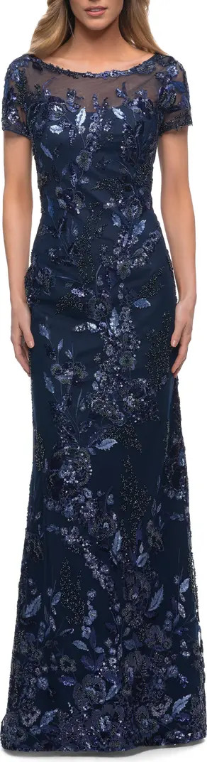 La Femme Long Beaded Lace Dress with Sheer Neckline | Nordstrom | Nordstrom