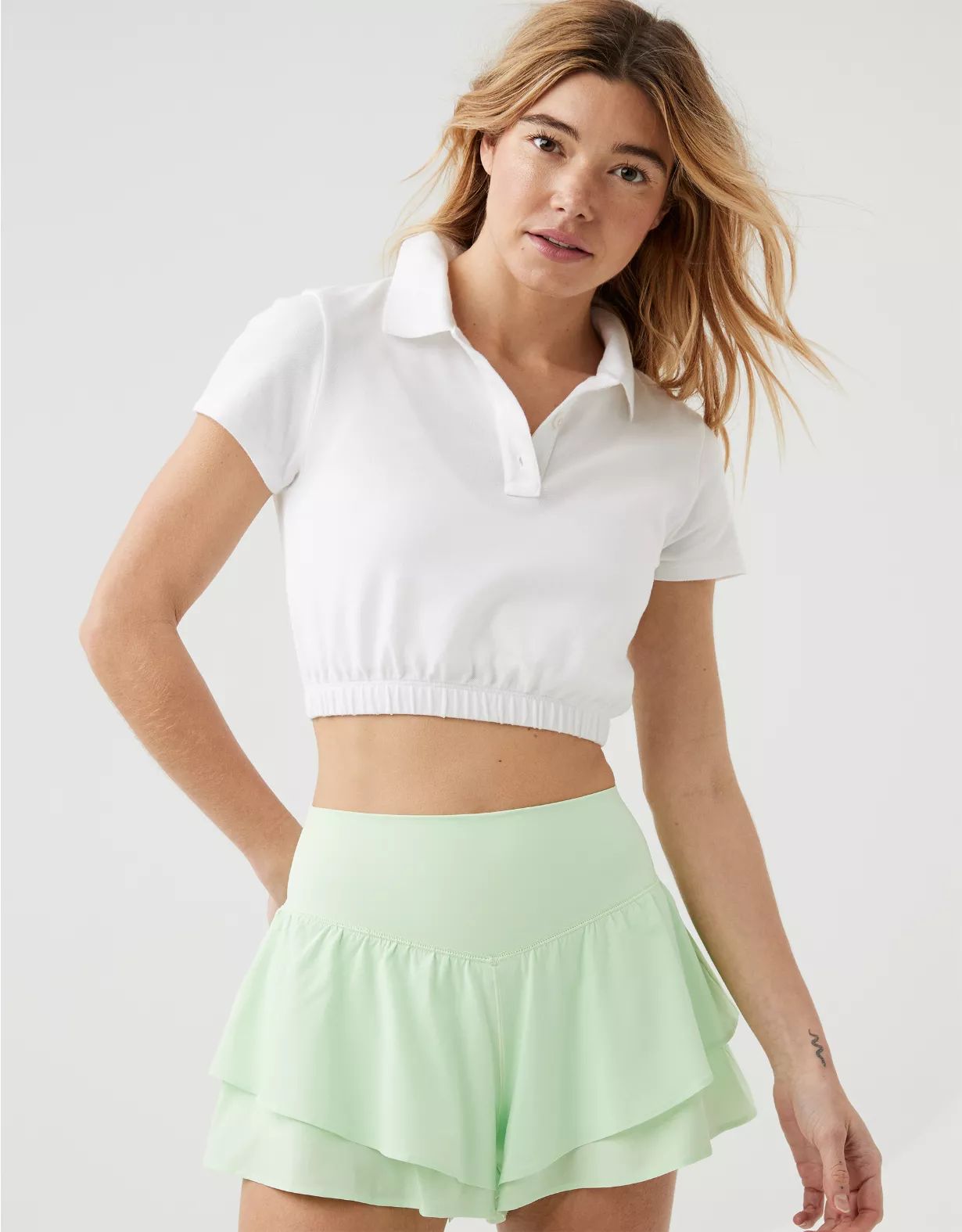 OFFLINE By Aerie Courtside Bubble Hem Cropped Polo T-Shirt | American Eagle Outfitters (US & CA)