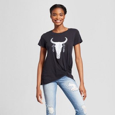Women's Longhorn Cow Skull Short Sleeve Tie Knot T-Shirt - Grayson Threads (Juniors') - Black XS | Target