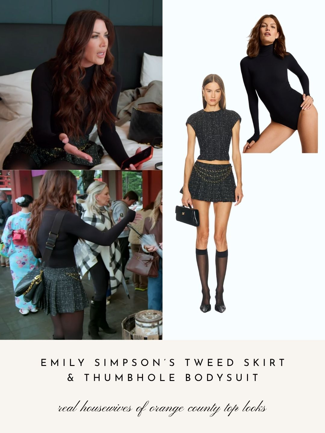 Emily Simpson's Plaid Chain Detail Skirt and Black Thumbhole Bodysuit in Tokyo 

 