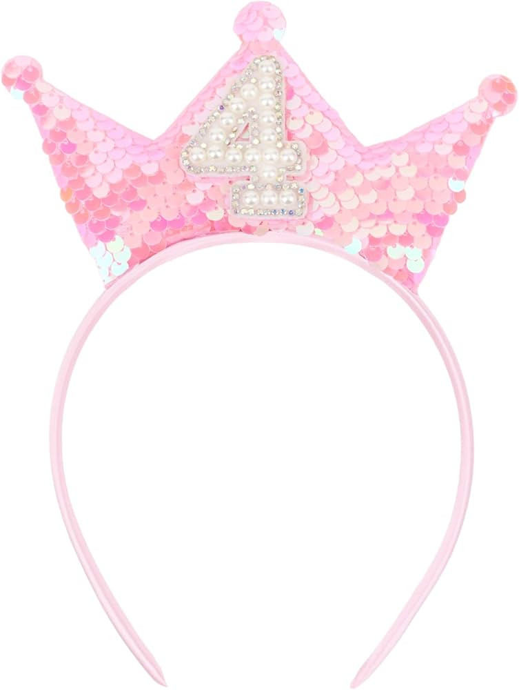 Birthday Crown Headband Pink Glitter Birthday Headbands for Girls 4 Year Old Girl Gifts 4th Birth... | Amazon (US)