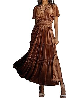 R.Vivimos Women's Fall Winter Vintage Velvet Dress Short Sleeve V Neck Elastic Waist Tiered Ruffl... | Amazon (US)