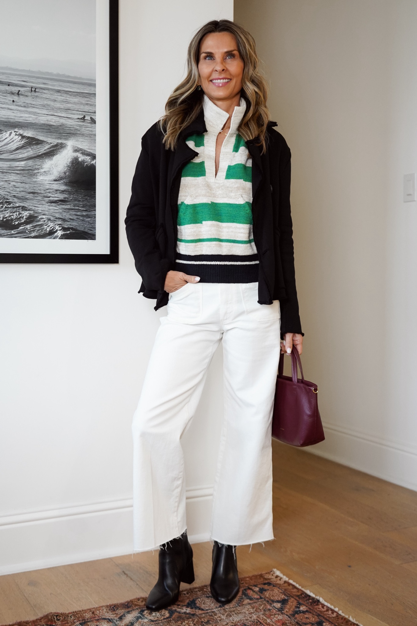 -Paige utility pants TTS
-Striped sweater XS. TTS 
-Belfast mini jacket sz S. (If you grab the look-for-less Amazon version size up, I wear a M because it shrinks in wash)
-Inez boot discount Tammy15

#LTKOver40 #LTKStyleTip