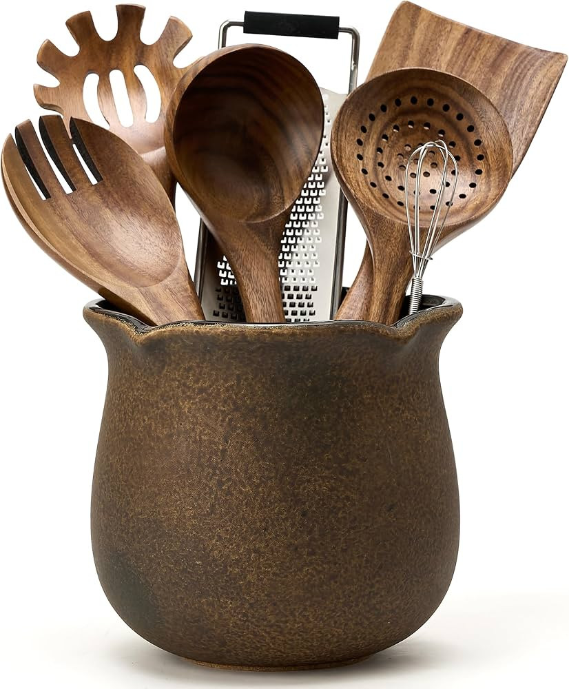 PORCER 5.8" H Wide Rustic Cooking Utensil Holder for Kitchen Counter, Modern Farmhouse Wood Color... | Amazon (US)