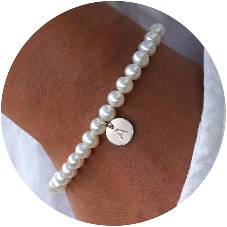 Ursteel Pearl Initial Bracelet for Women - Dainty Gold Letter Charm Pearl Beaded Bracelet Jewelry... | Amazon (US)