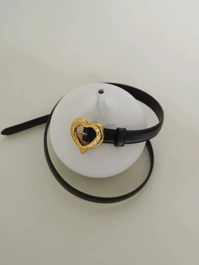 Minimalist Leather Belt With Hammered Heart Buckle, Black or Brown - Etsy | Etsy (US)