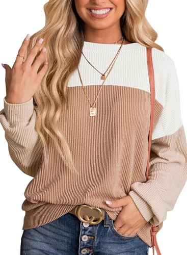 Dokotoo Womens Spring Clothes Pullover Shirt Ladies Crewneck Long Sleeve Shirts for Women Colorblock Tunics Blouses Dressy Casual Loose Soft Jumper Tops Fashion Knitted Tops Fashion Chestnut Medium | Amazon (US)