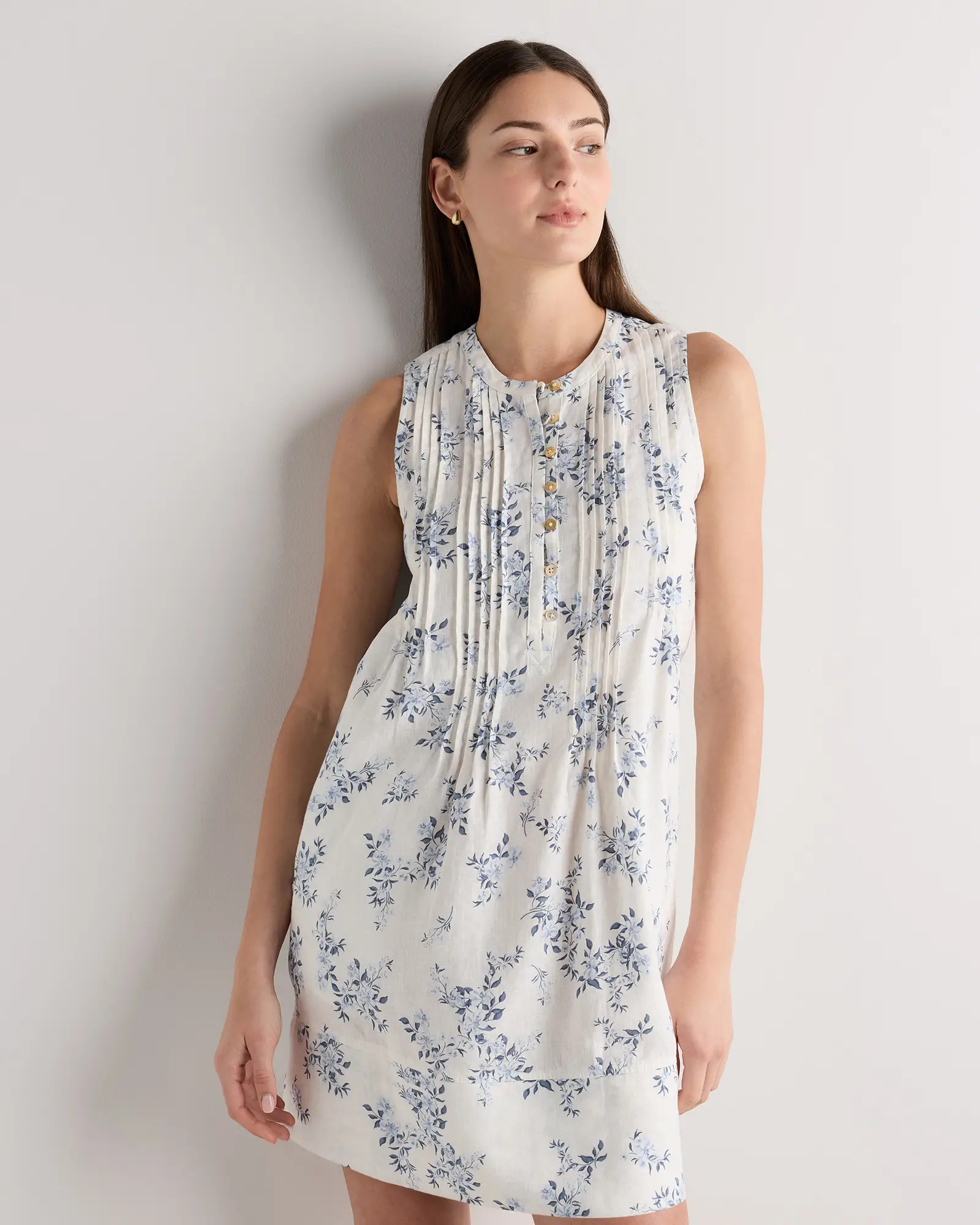 100% European Linen Sleeveless Swing Dress in Ivory Porcelain Blue Petite Floral | Quince