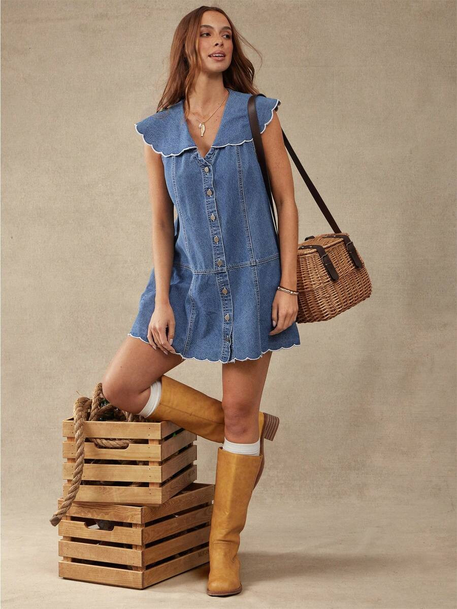 WESTFADE Scalloped Sailor Collar Button Front Embroidered Sleeveless A Line Denim Mini Dress Autumn Vacation Casual Cottagecore Vintage Beach Country Blue | SHEIN