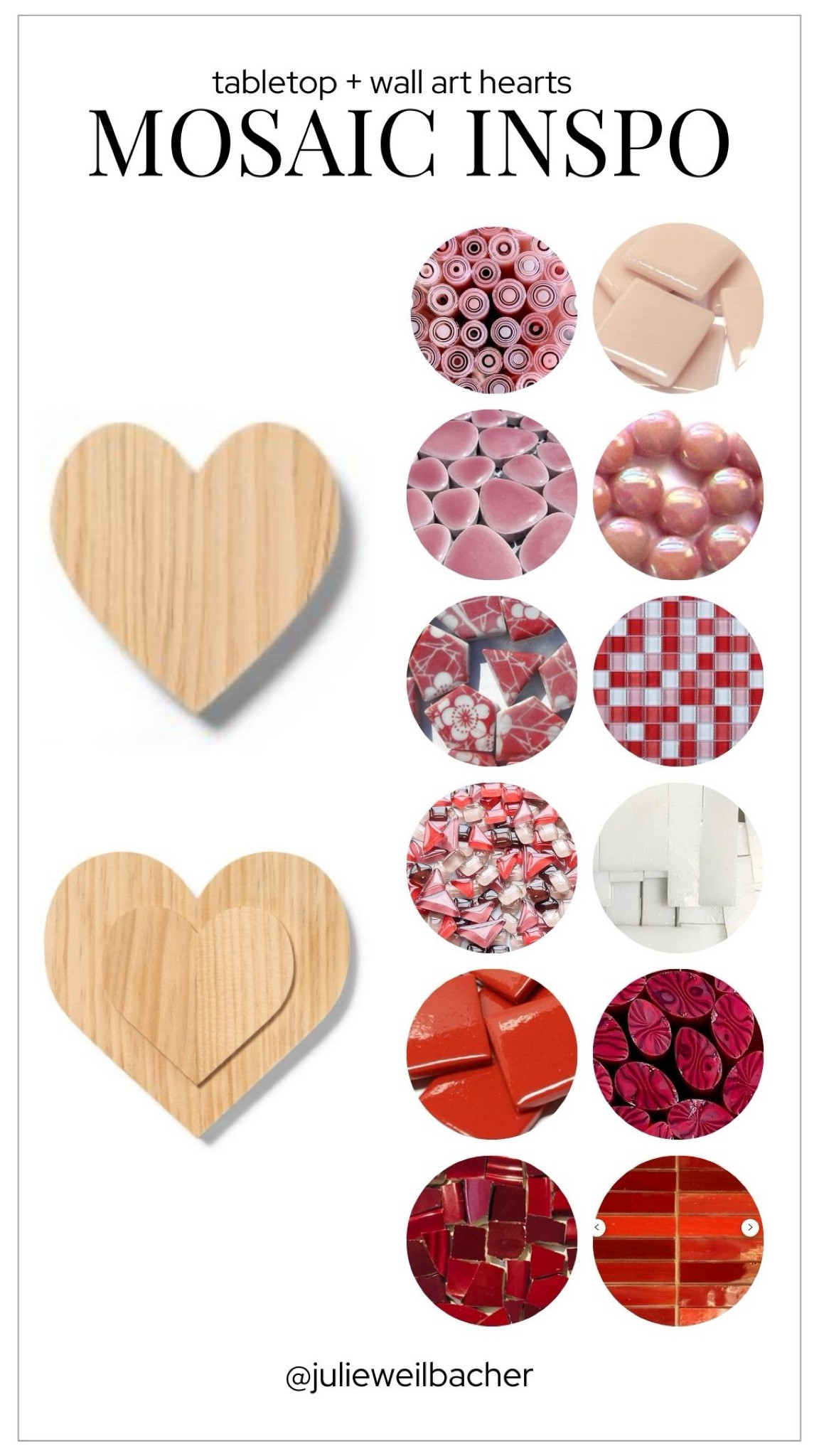 Sharing this fun Valentine’s Day mosaic inspiration. Here are 2 heart substrates — one is a single heart, and the other is a double, raised heart — which would work well for your mosaic or crafts projects. ❤️ The substrates are thick enough to stand up on a tabletop by themselves, plus they also have pre-drilled keyholes if you’d like to hang them on a wall instead. ❤️ Mosaic tesserae ideas featured includes pink, red, and white tesserae like glass rods, glass tile, ceramic tile, glass gems, stained glass, and broken ceramic plates. ❤️ Tip: make sure you seal wood substrates before adhering your mosaic artwork. ❤️ For more mosaic tips, tutorials, inspiration and so much more please visit my YouTube channel: YouTube.com/julieweilbacher. Follow @julieweilbacher on Instagram for all things mosaic art. mosaic - Valentine’s Day crafts - heart art - Valentine’s Day gift ideas - crafts night in - mosaics - Galentine’s Day gift ideas - gifts for your gal pals - wood Valentine’s Day crafts - mosaic making - mosaic art

#LTKfindsunder50 #LTKhome #LTKGiftGuide