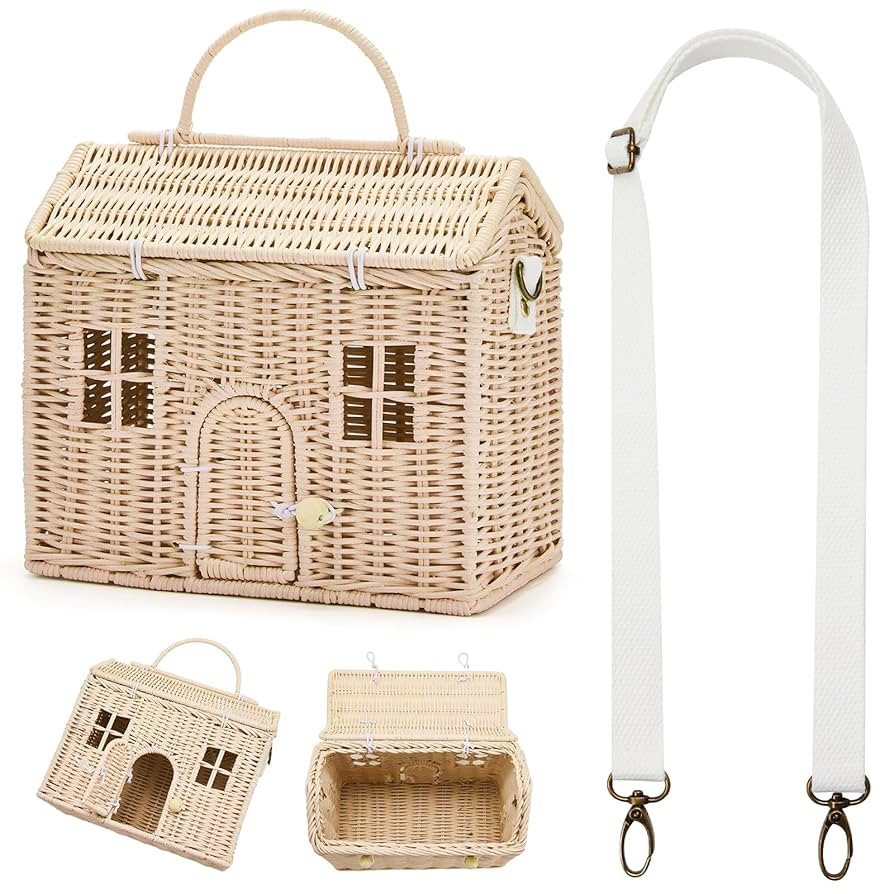 Wettarn Handmade Rattan Doll House Rattan House Shape Shoulder Bag Wicker Basket with Lid for Dol... | Amazon (US)