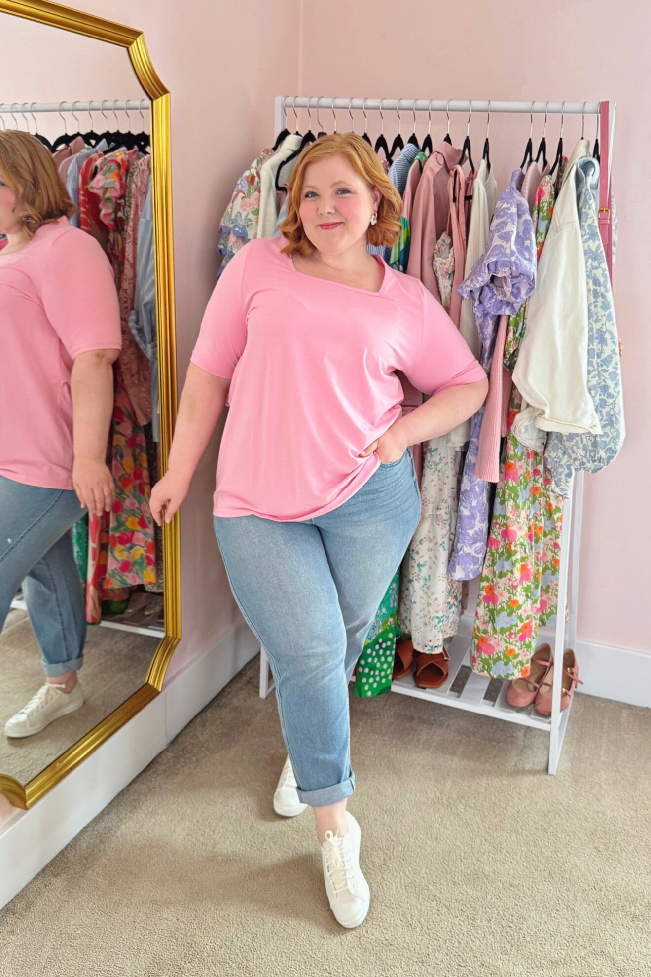 Casual Jeans and T-Shirt Look
I’m always looking for easy casual outfit ideas, and this simple formula is one I’ll wear on repeat this spring and summer. Ulla Popken is one of my go-tos for t-shirts. They have such a wide selection that comes in dozens of different colors, with different neckline and sleeve length options, and in different fabric blends too. This is the Essential Square Neck Stretch Tee (sizes 12/14-32/34; $29.95) in the size 16/18. It has a relaxed fit, a good length that falls to the hip, and an elbow-length sleeve. The fabric is a thick and weighty 95% cotton and 5% elastane blend for a stretchy fit and feel. Use code LIZULLA to get this tee for just $19!

I paired it with these Tapered Leg Mom Jeans (sizes 12-32; $79.95) in the size 18. I know these jeans look like a capri in some of the model shots, but she must be 6′ tall. I’m 5’4″, and they’re an ankle length on me, and I even have them cuffed twice in these photos. I love the fit and shape of these jeans because they have a relaxed fit with a looser leg. They’re not as baggy or bold as a trendy barrel jean, but I’d say they’re a good bridge to the barrel jean if that’s a silhouette you’re interested in trying at some point. They have a high rise, the denim has minimal stretch (just 1% elastane), and they’re the perfect light spring wash. Use code LIZULLA to get these jeans for $52.



#LTKMidsize #LTKFindsUnder100 #LTKPlusSize