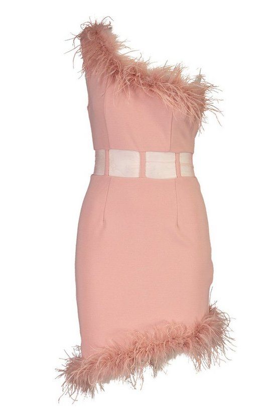 One Shoulder Panelled Feather Trim Mini Dress | Boohoo.com (US & CA)