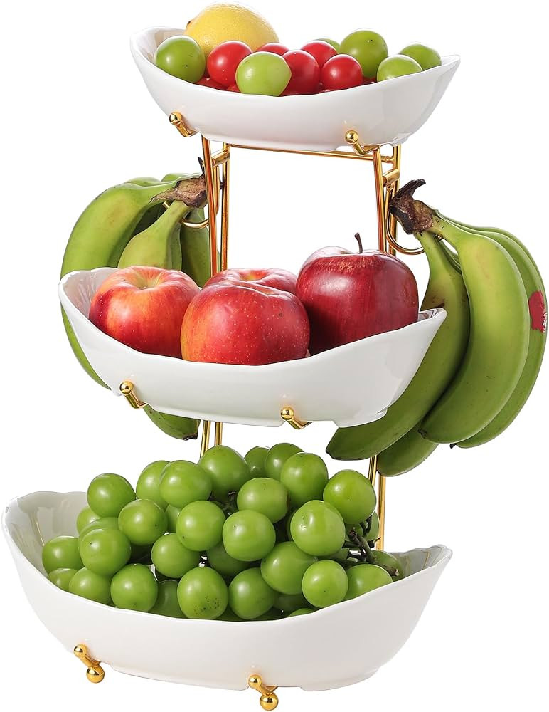 Elegant 3-Tier Ceramic Serving Bowl Set with Gold Stand, White Decorative Display Bowls for Fruit... | Amazon (US)