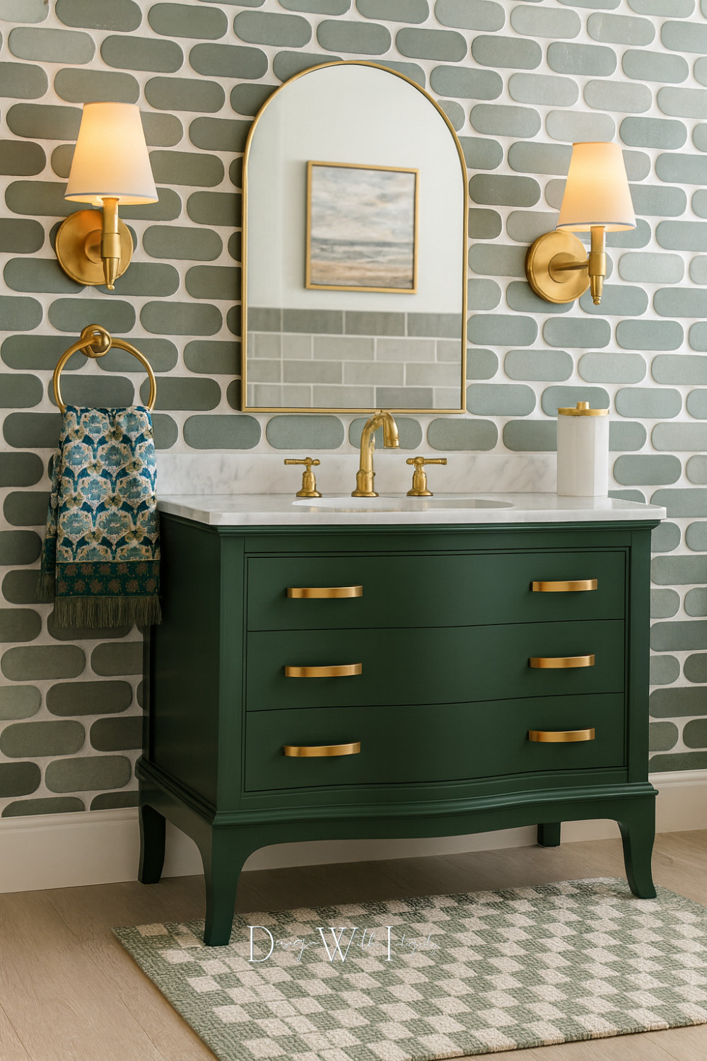 A timeless bathroom moment rooted in contrast, texture, and classic detailing. This design brings together deep green cabinetry, softly curved tile, and warm brass accents for a space that feels both refined and inviting. The arched mirror adds architectural interest, while layered finishes create a sense of depth and quiet luxury.

Inspired by a curated digital mood board and brought to life through AI, this space is all about thoughtful balance and elevated everyday style.

Shop the look on LTK to explore the curated selections and recreate this bathroom aesthetic in your own home.

Images shown are for inspiration and were generated via AI from a digital mood board.


#bathroominspiration
#interiordesign
#shopthelook


green bathroom vanity
brass bathroom fixtures
arched mirror bathroom
classic bathroom design
tile bathroom inspiration
timeless home decor 

 #LTKHome