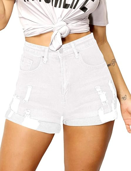Haola Women's Juniors Stretchy Denim Shorts High Waisted Folded Hem Ripped Jeans Shorts | Amazon (US)