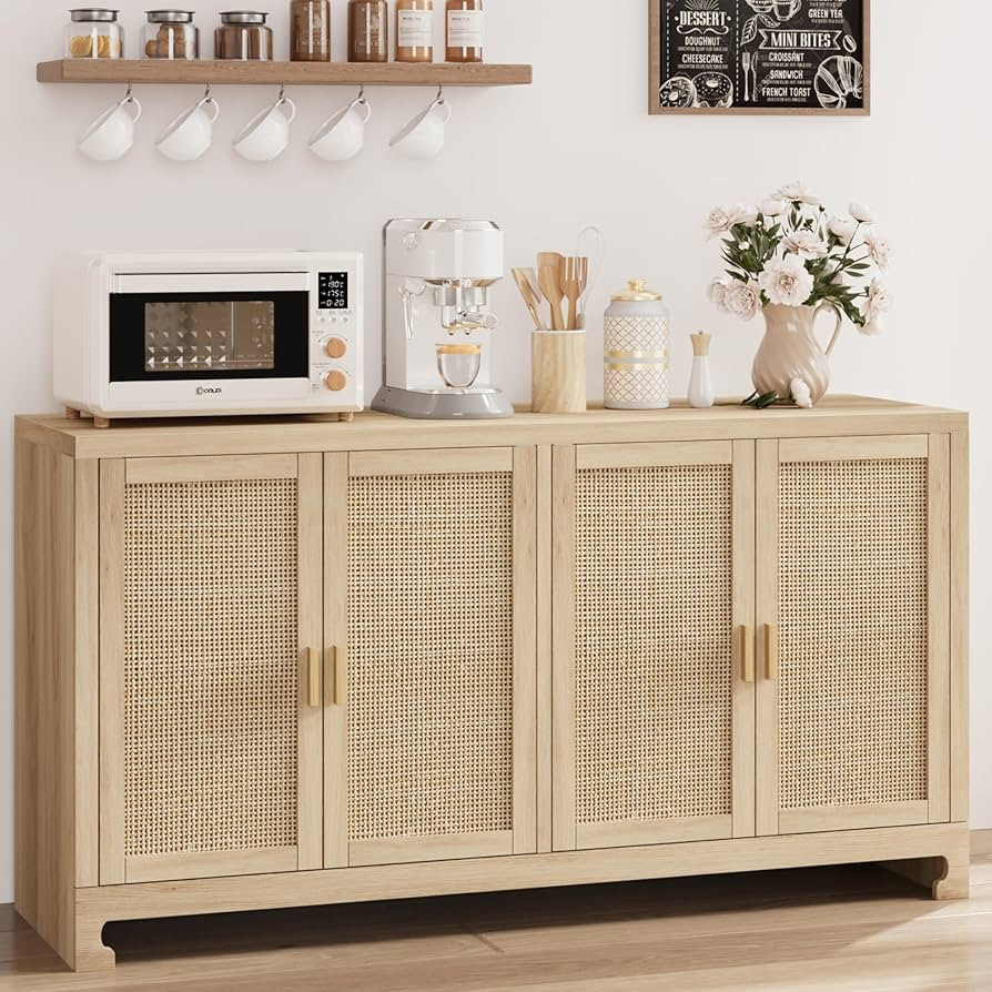 Buffet Cabinet,Rattan Accent Storage Cabinet with 4 Doors and Shelf, Sideboard Buffet Cabinet wit... | Amazon (US)