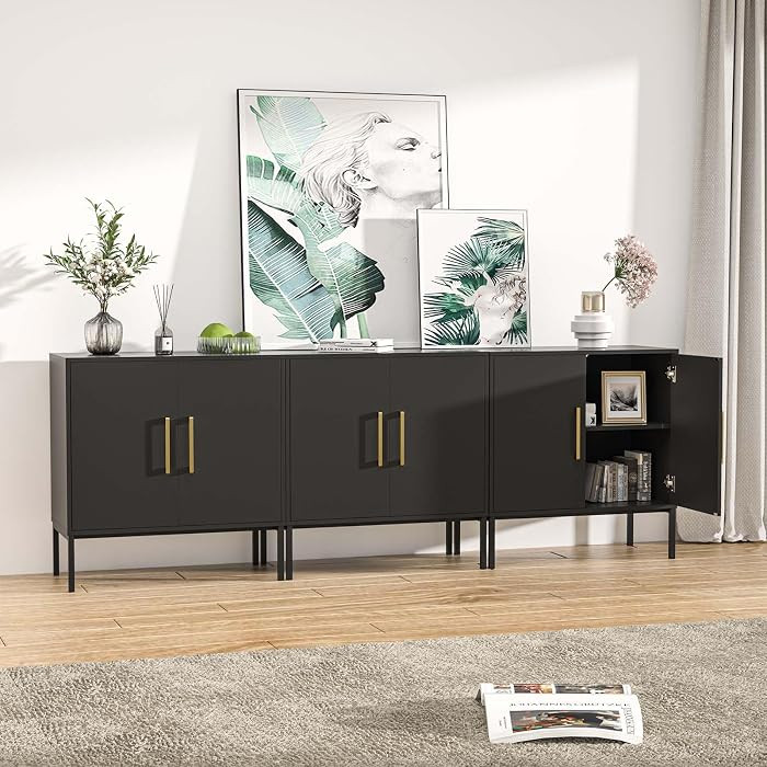 Set of 3 Storage Cabinets with Adjustable Shelf and Gold Handle, Black\u4e28Buffet Cabinet with S... | Amazon (US)