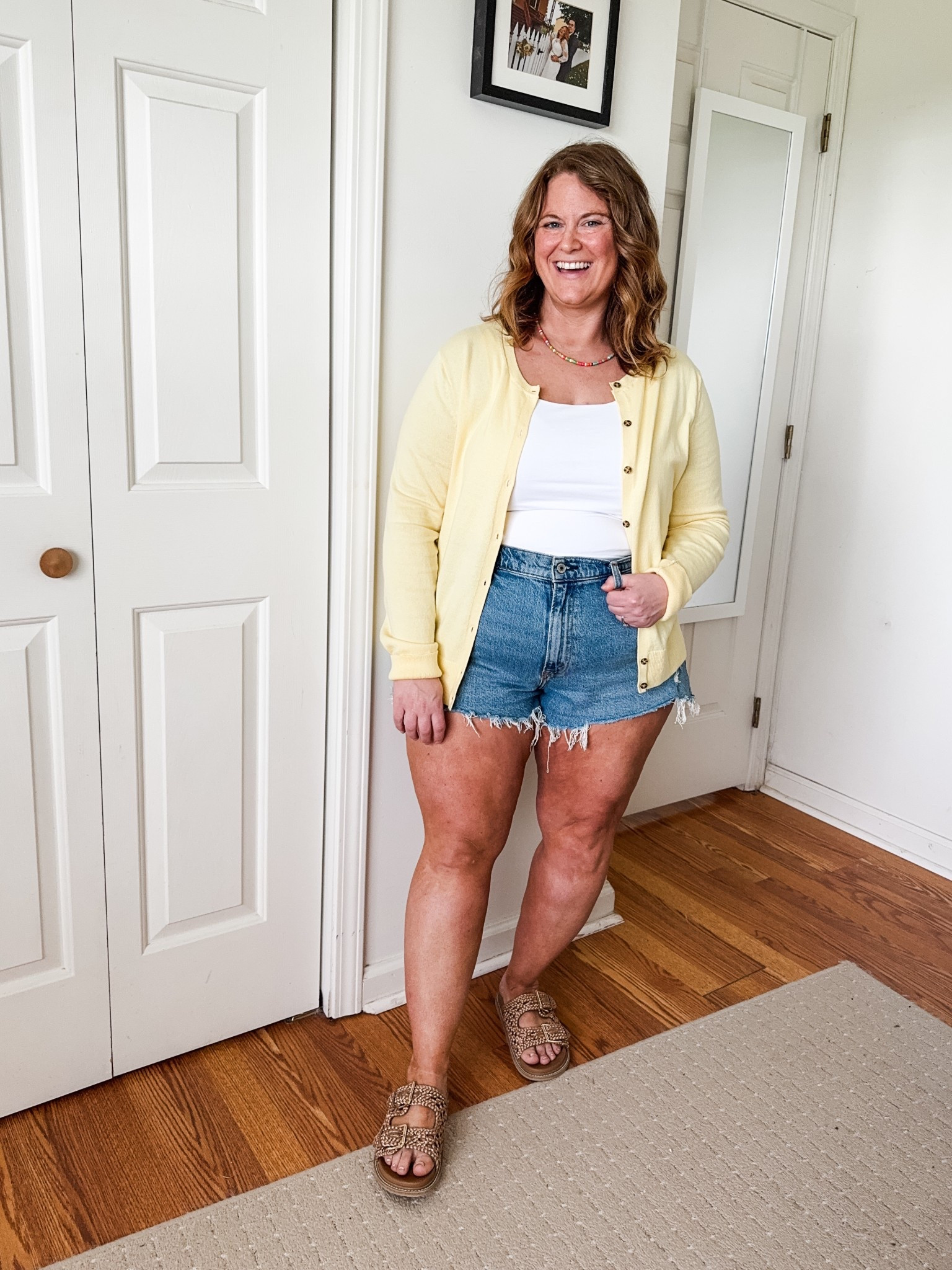 Love this butter yellow cardigan! I’m wearing an XL.  I sized up one in my shorts to a 33  

#LTKSeasonal #LTKMidsize #LTKSummerEdit