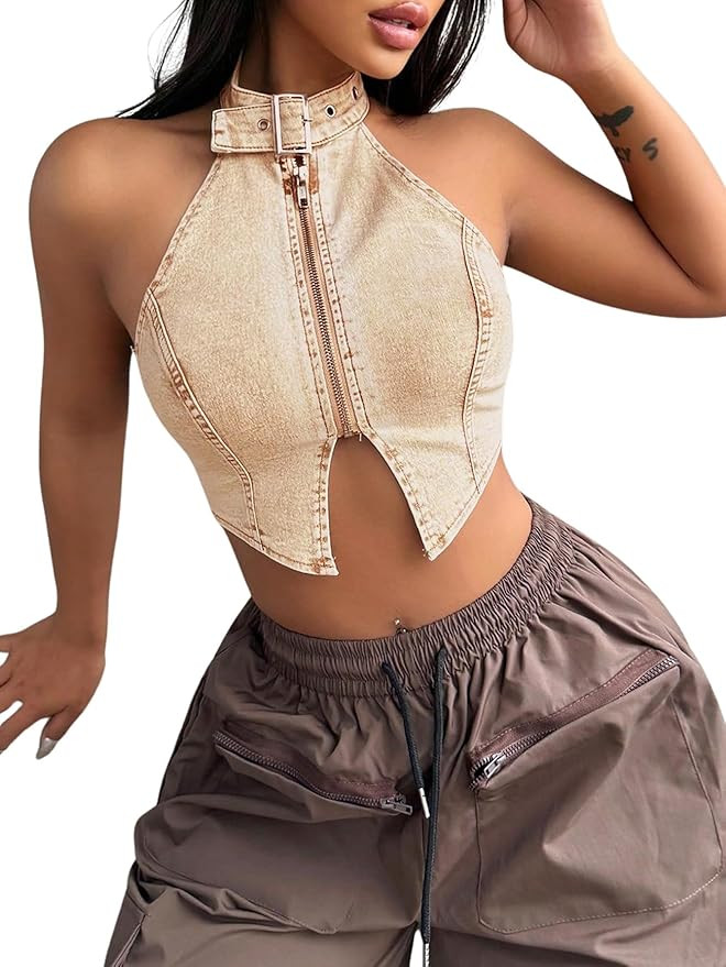 Floerns Women's Denim Backless Halter Zipper Cut Out Y2K Vest Streetwear Sleeveless Tank Tops | Amazon (US)