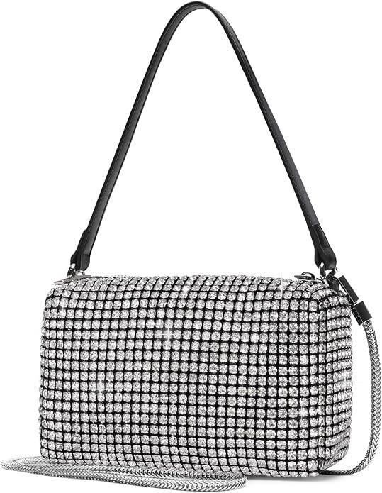 Elegant Rhinestone Evening Bag for Women - Sparkling Silver Crossbody Purse with Detachable Chain... | Amazon (US)