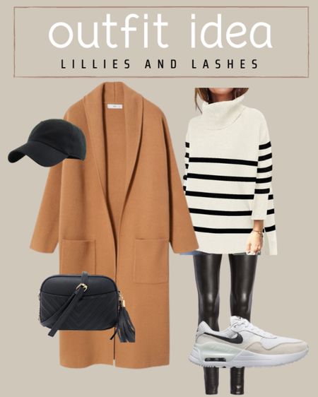 Casual winter outfit idea

Coatigan, striped tunic turtleneck, Nike air max sneakers, black baseball hat, spanx faux leather leggings, quilted bag 

#LTKunder100 #LTKHoliday #LTKGiftGuide
