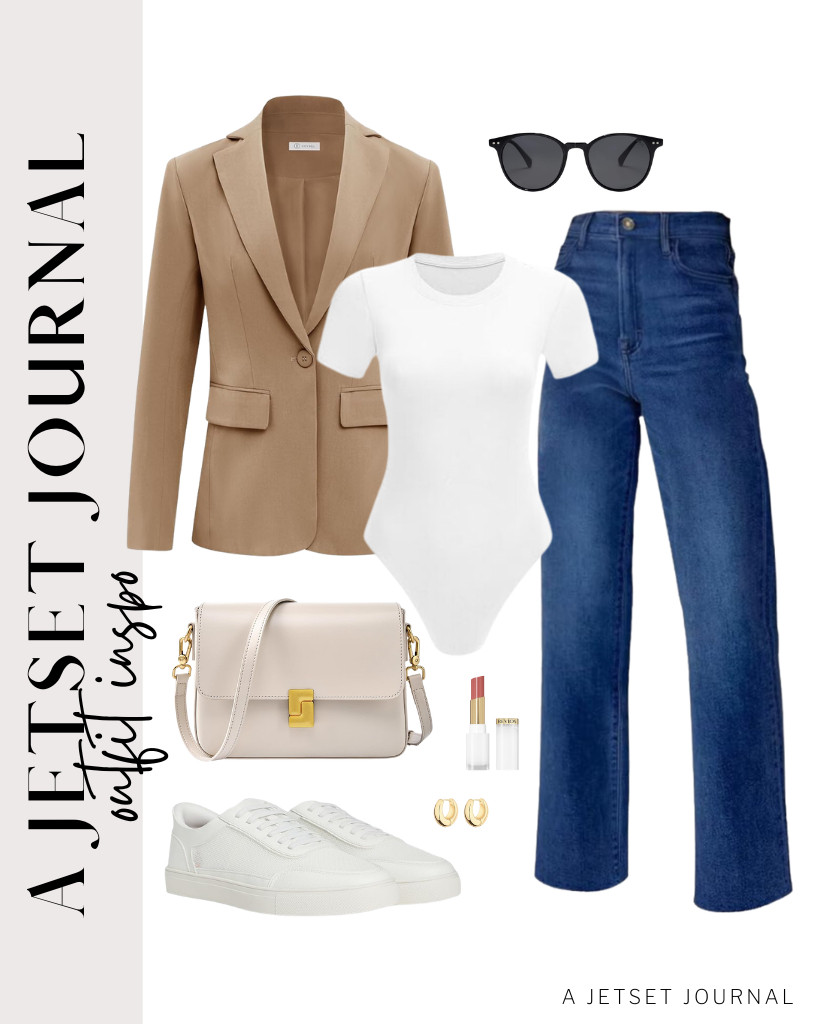 I discovered a cute, wrinkle-resistant blazer from Cicy Bell that perfectly complements the white top and jeans combo. Make sure to pair it with these casual sneakers and a stylish crossbody bag. Don’t forget to add a nice set of chunky hoop earrings as well! 

 #LTKSeasonal #LTKSaleAlert #LTKTravel