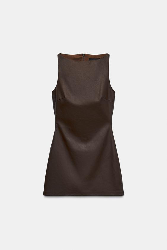 Zara - Leather Effect Mini Dress - Camel - M - Woman | Zara UK