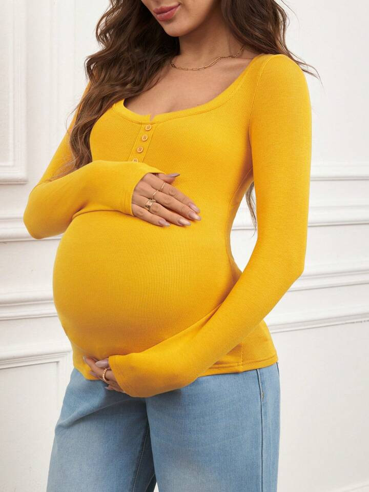 SHEIN 1pc Solid Color Front Button Maternity Long Sleeve T-Shirt, Casual Everyday Wear | SHEIN