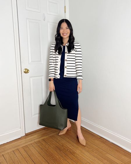Striped cardigan (XS)
Navy dress  (XSP)
Olive green tote bag 
Cuyana system tote
Tan pumps  (1/2 size up)
Tan mule pumps
Business casual outfit 
Smart casual outfit 
Neutral work outfit 
Spring work outfit 
Spring outfit 
LOFT outfit

#LTKSeasonal #LTKworkwear #LTKfindsunder100