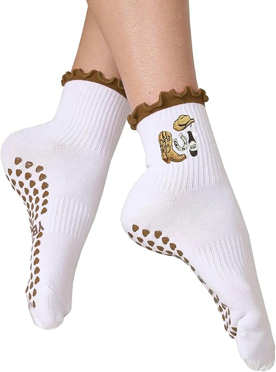 Women's Cute Grip Pilates Socks Non-Slip Yoga Ballet Socks with Ruffle Cuff & Embroidery | Amazon (US)