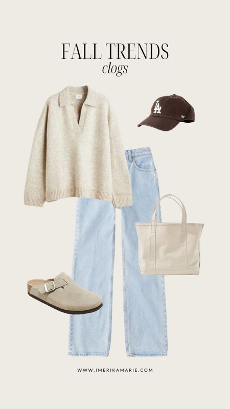 fall fashion trends. target clogs. fall shoes. abercrombie and fitch wide leg jeans. L.L. Bean tote bag. brown dodgers hat. h&m pullover. fall outfit. 

#LTKshoecrush #LTKSeasonal #LTKstyletip