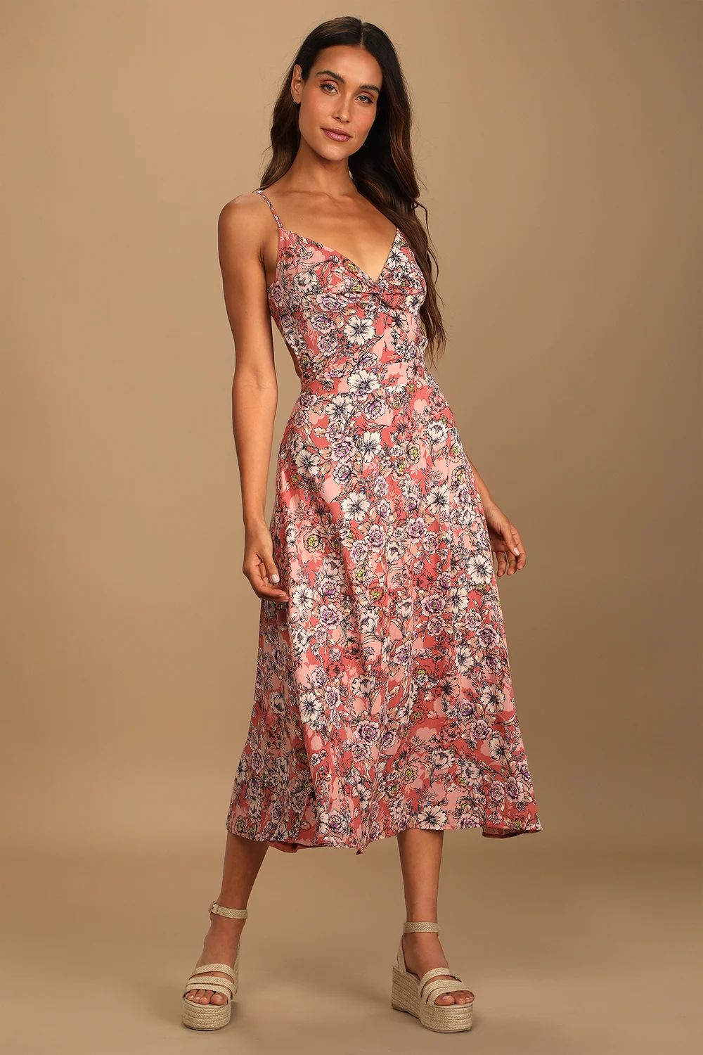 Ties With You Rose Pink Floral Print Tie-Back Midi Dress | Lulus (US)
