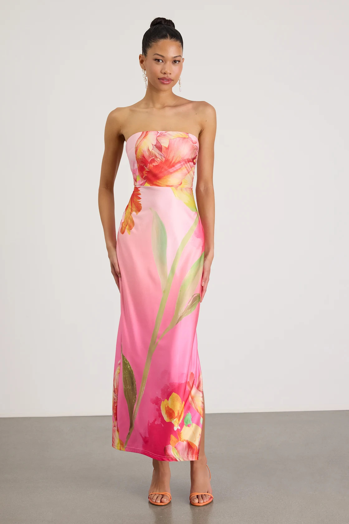 Anahi Pink Multi Floral Satin Strapless Maxi Dress | Lulus