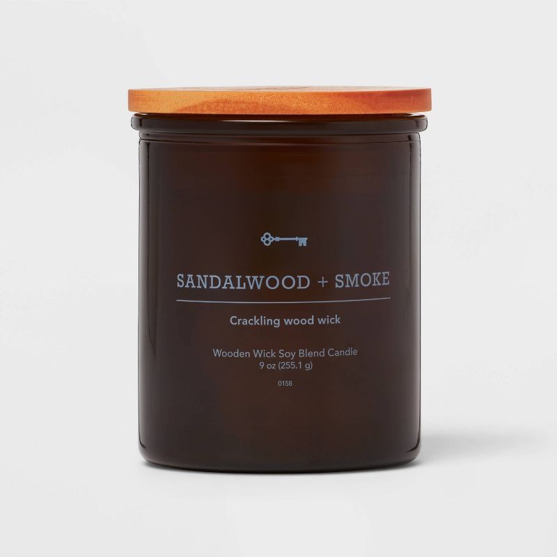 9oz Lidded Amber Glass Jar Crackling Wooden Wick Sandalwood and Smoke Candle - Threshold™ | Target